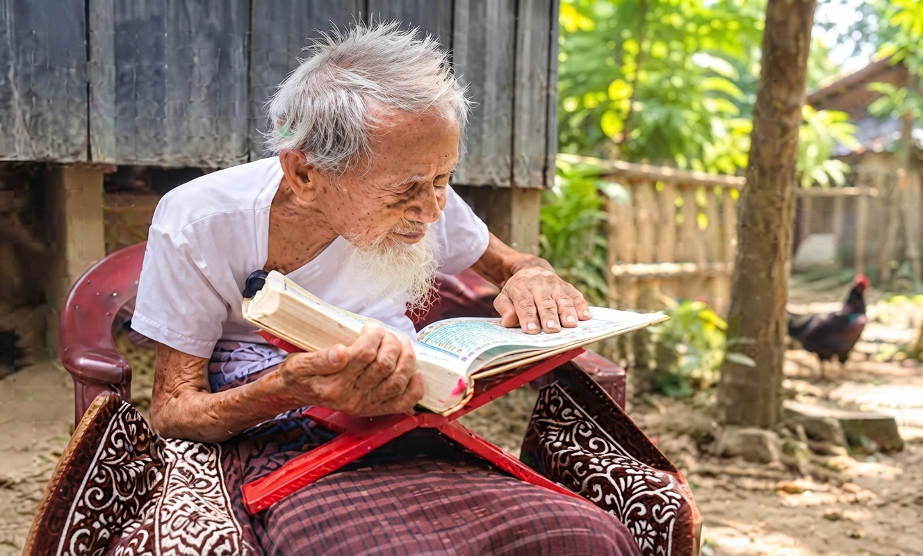 নাটোরের গুরুদাসপুরে ১২৩ বছর বয়সেও চশমা ছাড়াই কোরআন পড়েন আব্বাস প্রামাণিক