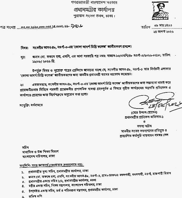 নওগাঁর কোলা আদর্শ ডিগ্রি কলেজের জাতীয়করণ