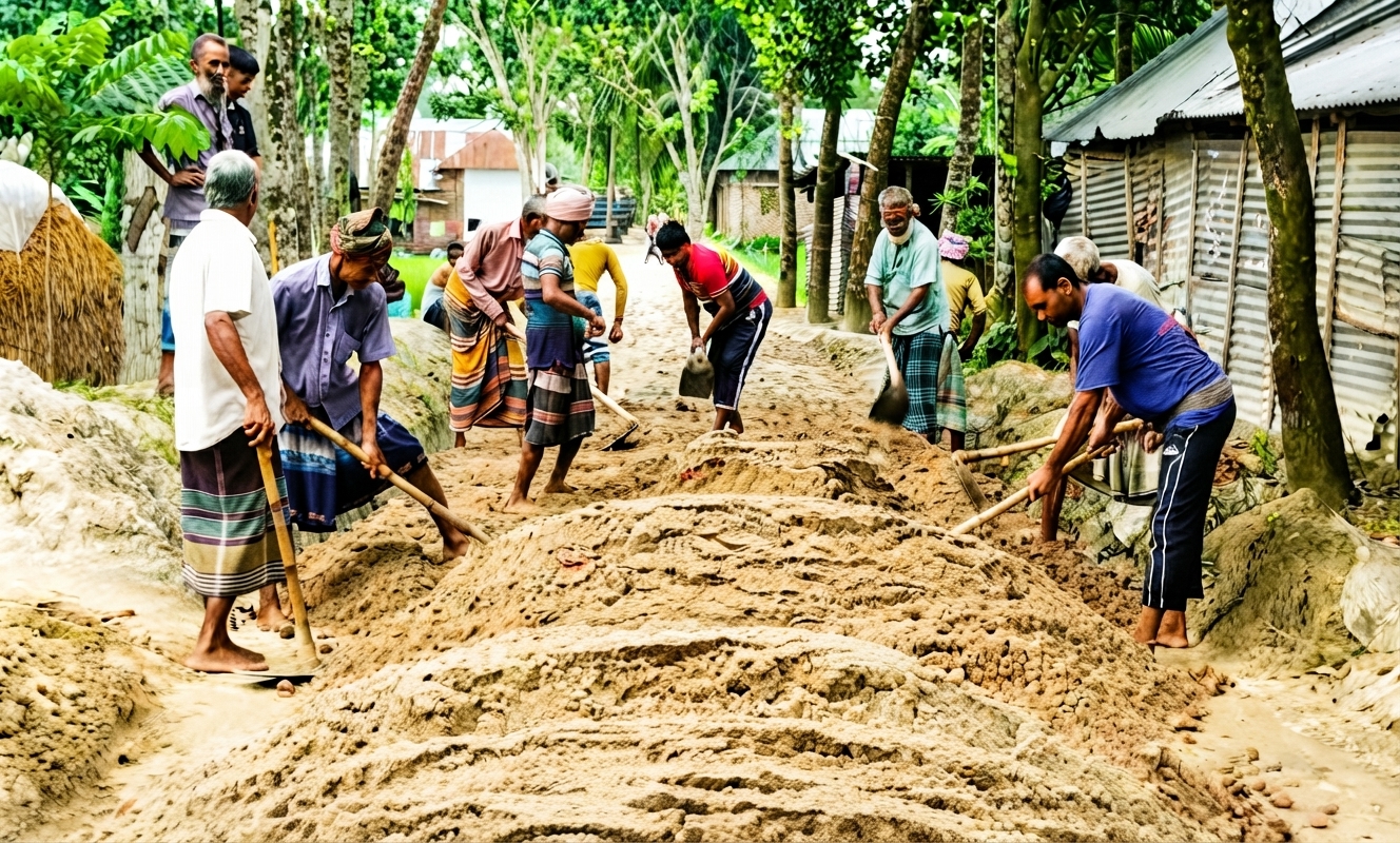মান্দায় সড়ক নির্মাণে অনিয়ম, কোটি টাকার কাজে বালুর অভিযোগ